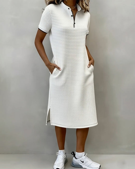 Plaid Stand Collar Short Sleeve Dress