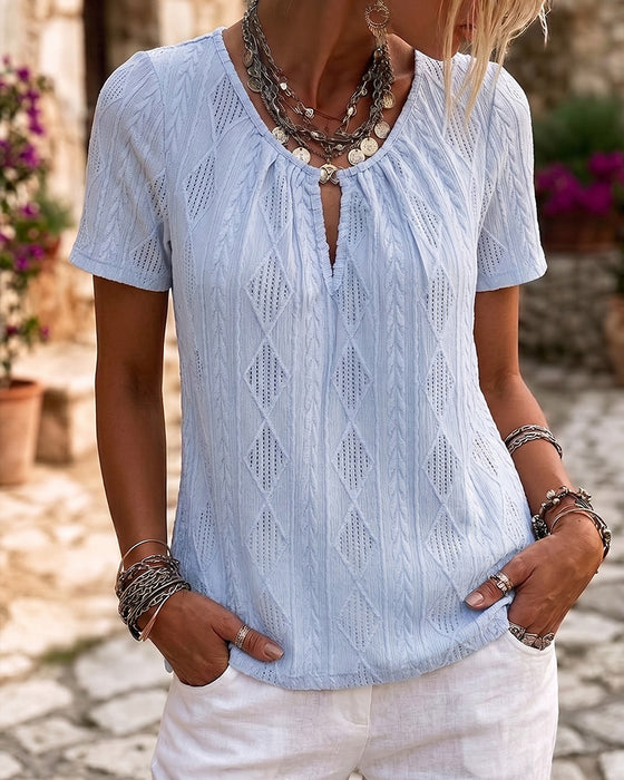 Diamond Jacquard Short Sleeve Solid Blouse