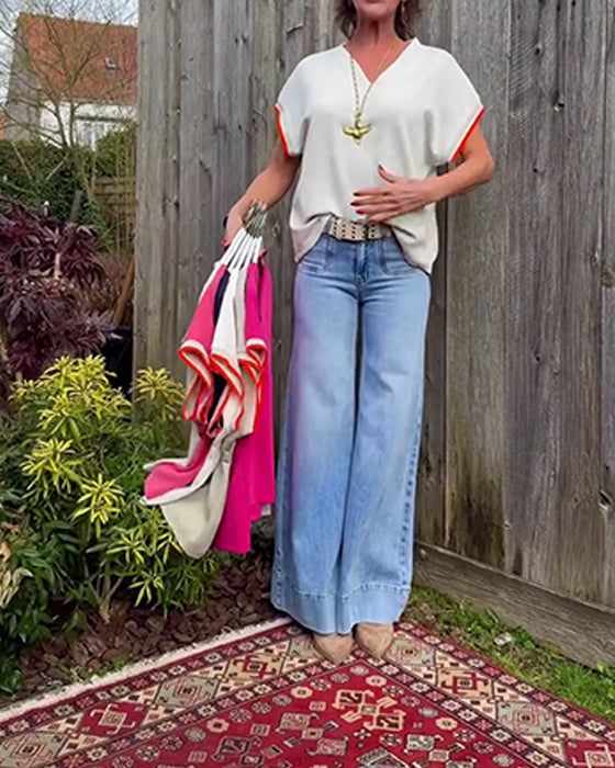 Loose V-Neck Color-Block T-Shirt