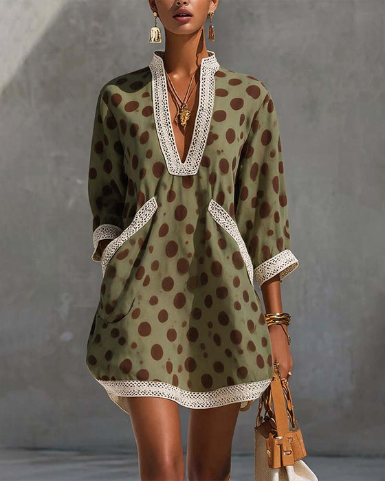 V-Neck Polka Dot Pocket Dress