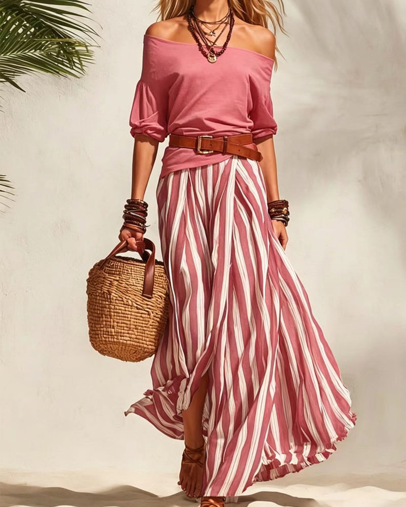 Vertical Striped Skirt Two-Piece Set