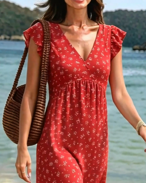 V-Neck Floral Small Flying Sleeves Dress
