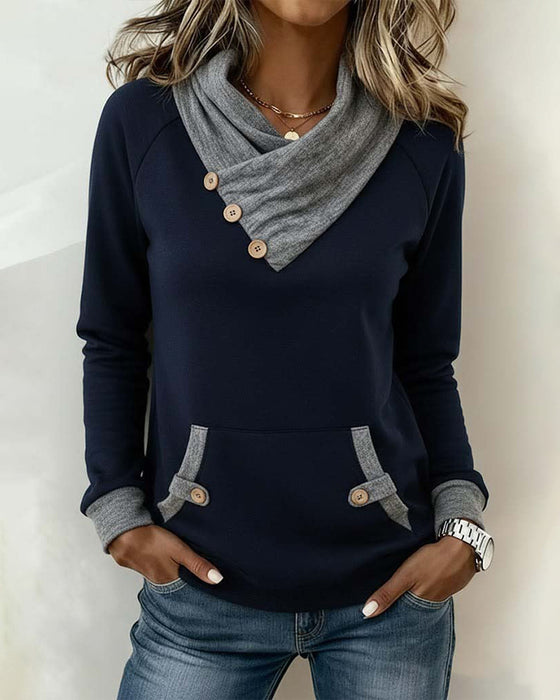 Slanted Collar Color-Blocked Top