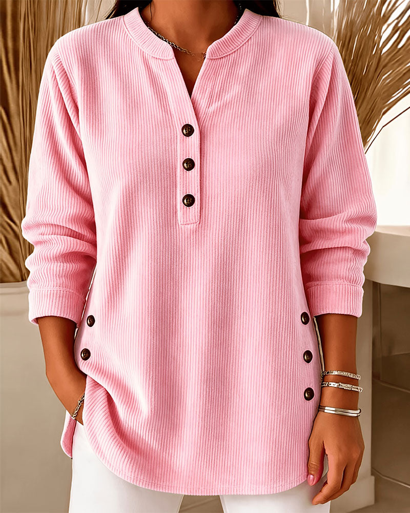 Button Solid Long Sleeve Blouse