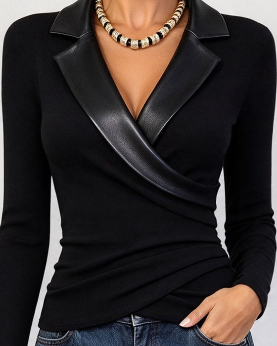 PU Lapel Cross Long Sleeve Top