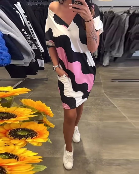 V-Neck Wave Print Dress