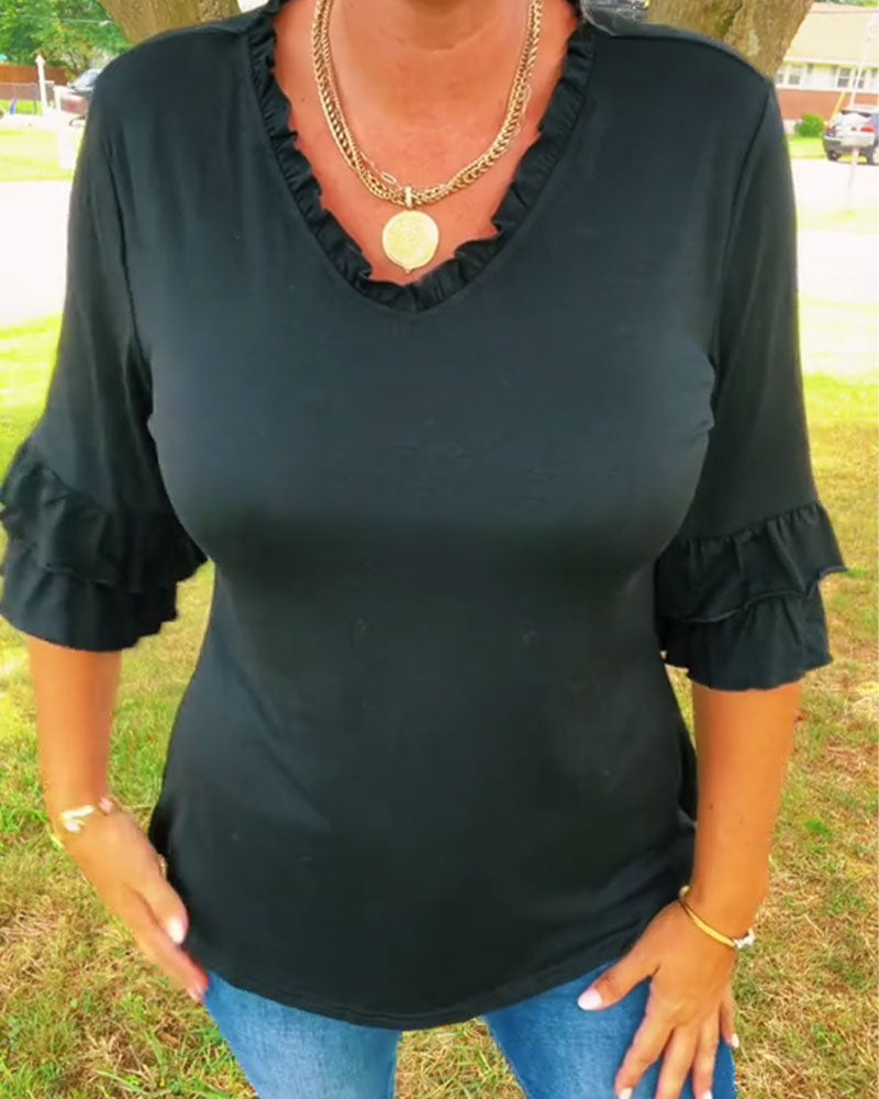 Ruffle V-Neck Three-Quarter Sleeve Top