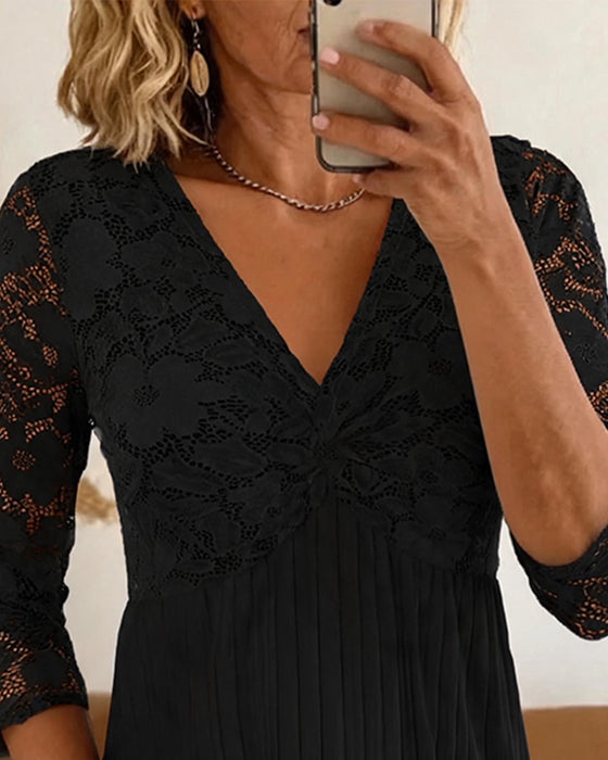 Relaxed V-Neck Lace Panel Blouse
