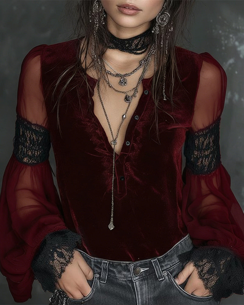 Button-Down V-Neck Puff Sleeve Blouse