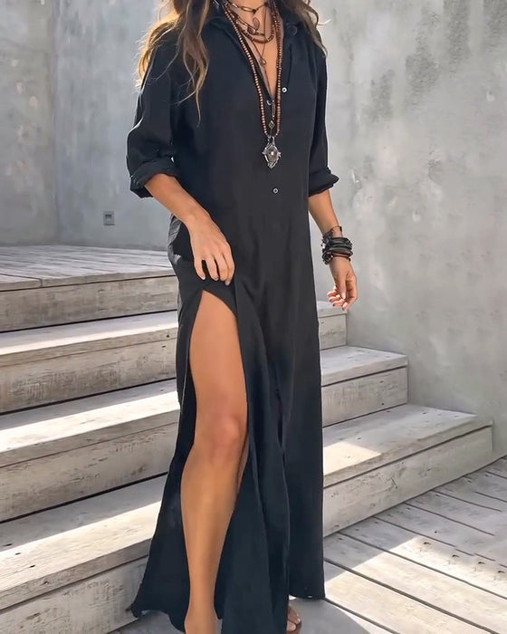 Shirt Collar Button Front Slit Solid Color Dress