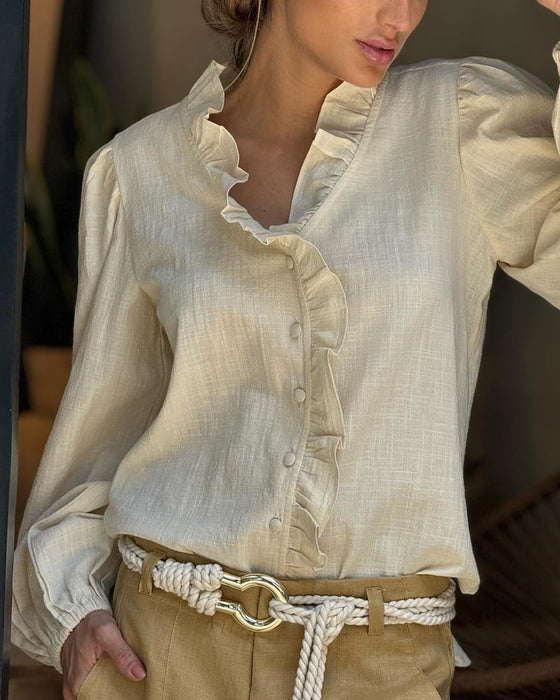 Fungus hem V-neck solid color shirt