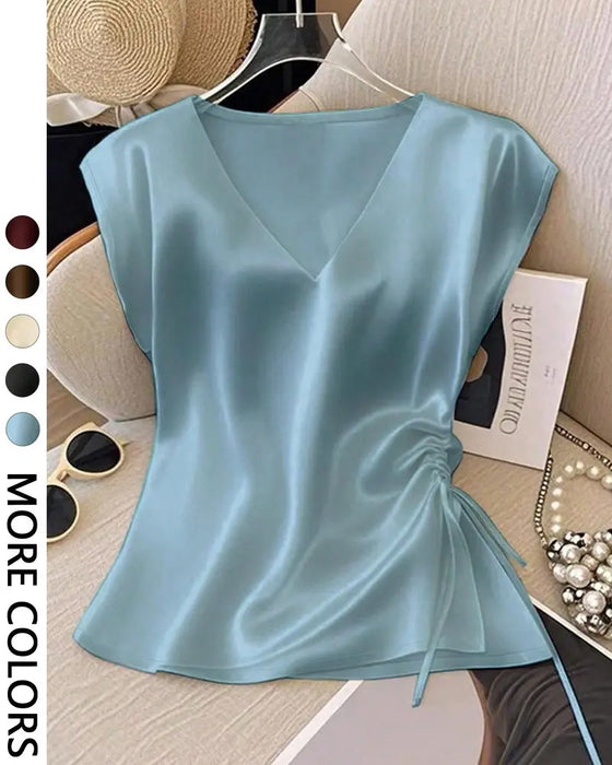 V-Neck Drawstring Sleeveless Blouse