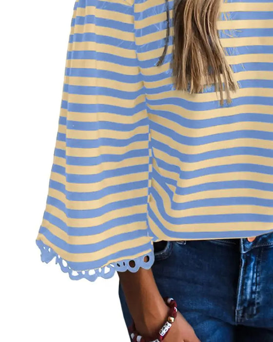 Crew Neck Drop Shoulder Stripe Cutout Blouse