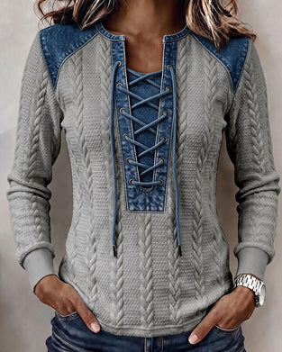 Tie Patchwork Casual Sweatshirt