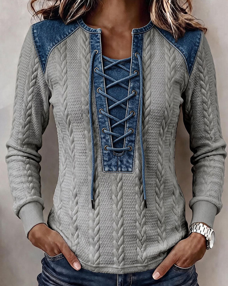 Tie Patchwork Casual Sweatshirt