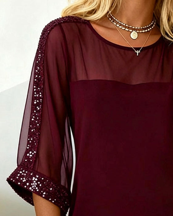 Sequin Paneled Mesh Crew Neck Dress