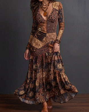 V-Neck Leopard Print Ruffled Long-Sleeve Dress
