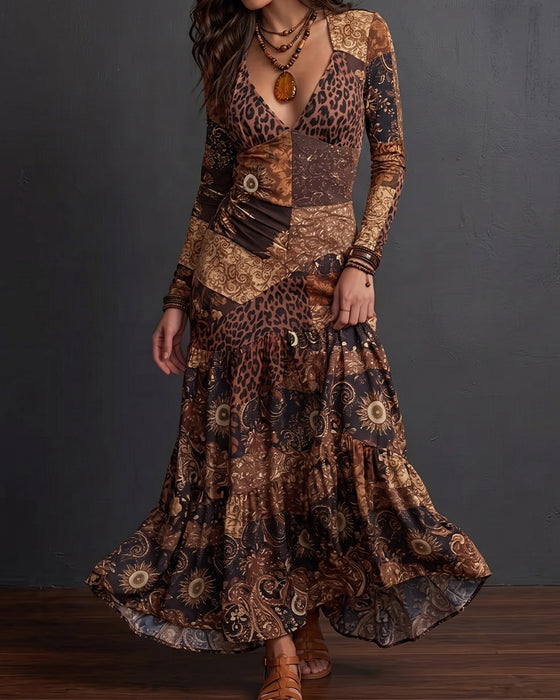 V-Neck Leopard Print Ruffled Long-Sleeve Dress