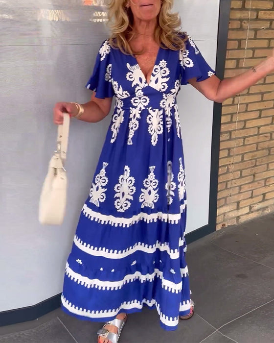 Vintage print v-neck elegant long dress