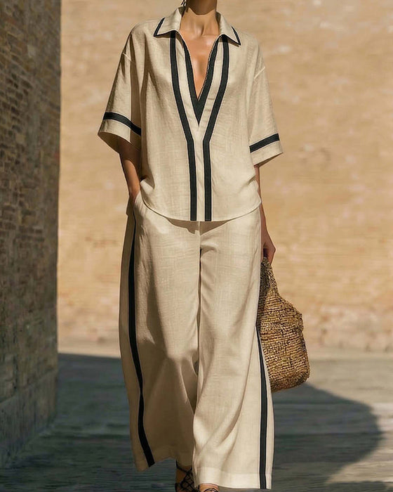 Loose Color Block Shirt Wide-Leg Pants Set