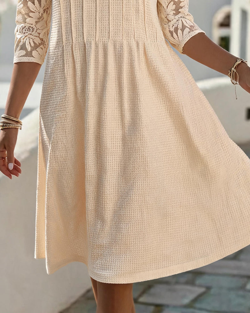 Crew Neck Lace Patchwork Waffle Dress