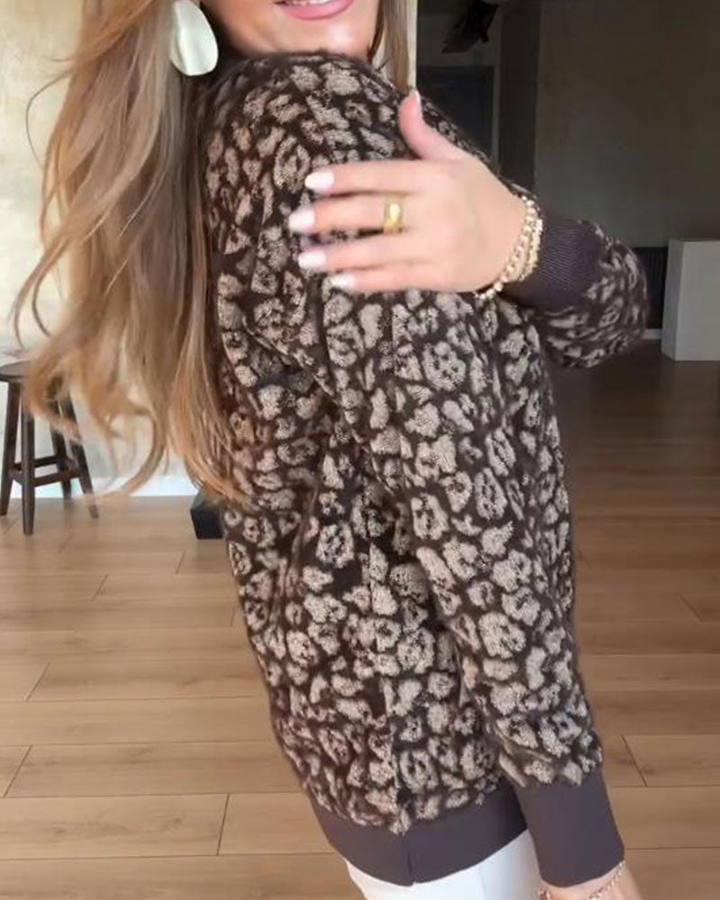 V-Neck Color-Block Leopard Print Sweater