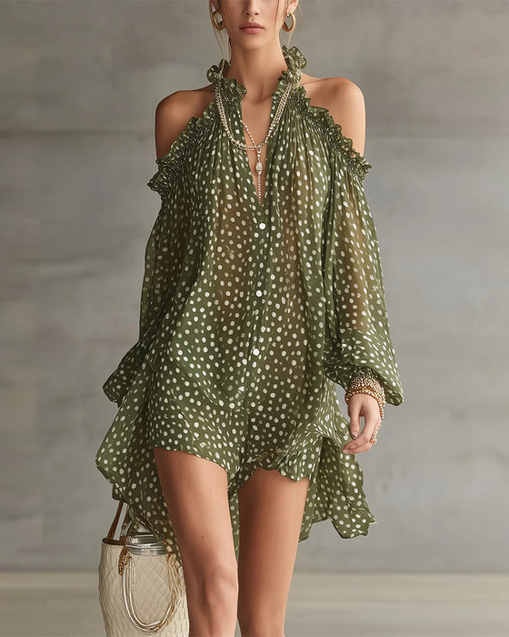Polka Dot Halter Cold-Shoulder Dress
