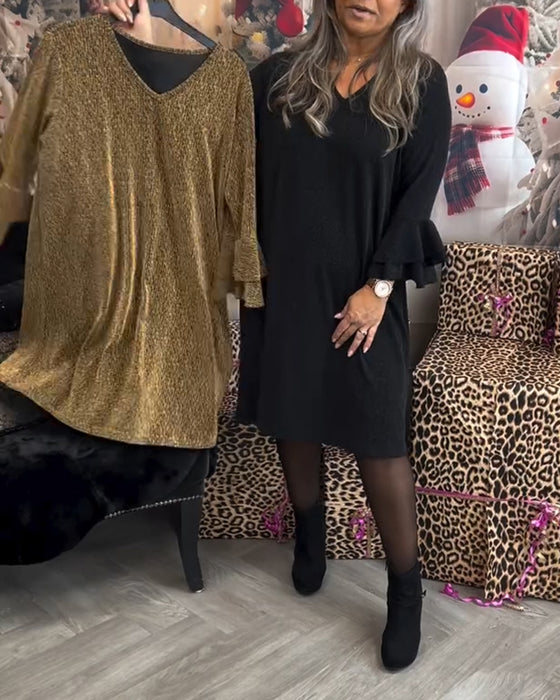 Casual solid color bell sleeve V-neck dress