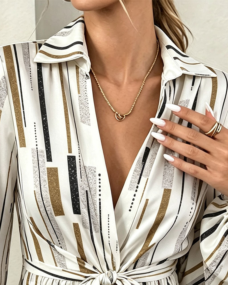 Geometric Stripe Cinched Waist Drawstring Blouse
