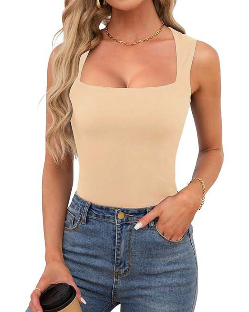 Square Neck Ribbed Solid Tank Top