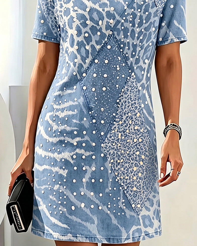 Leopard Print Crew Neck Short Sleeve Patchwork Dress