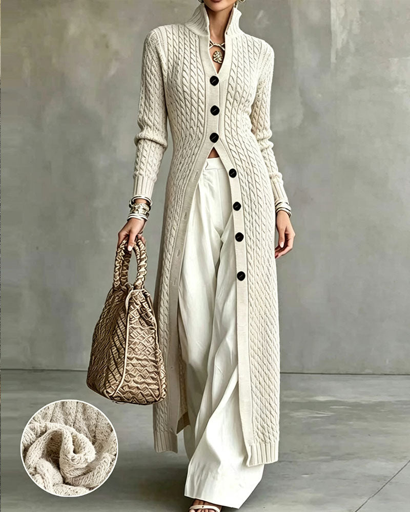 Stand Collar Cable Button Long Cardigan