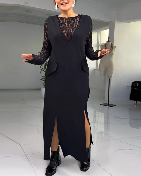 European And American Lace Stitching Slit Dress