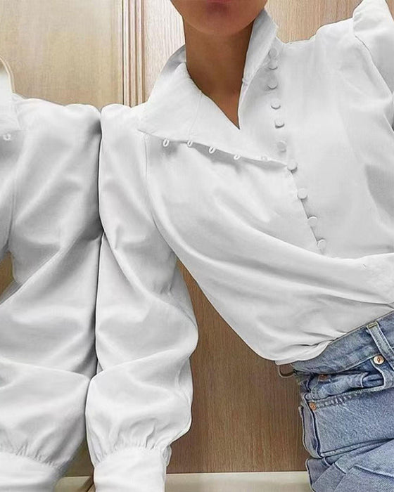 Stand Collar Button-Up Long-Sleeve Blouse