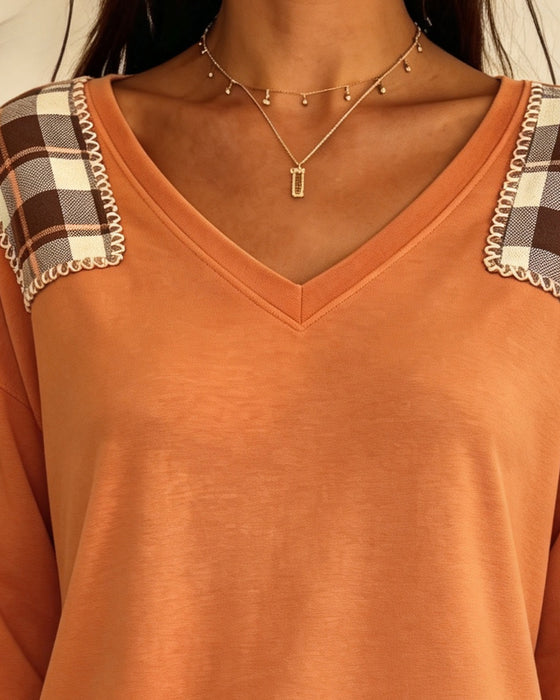 Plaid Patchwork V-Neck Casual Top
