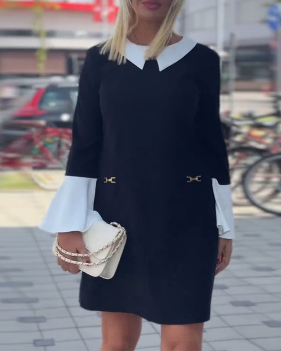 Elegant contrasting lapel bell sleeve dress