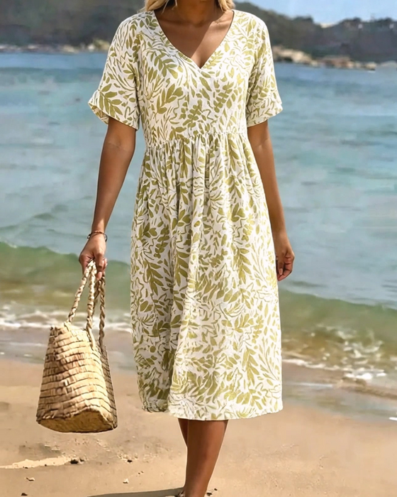 Green Leaf Print V-Neck Dress