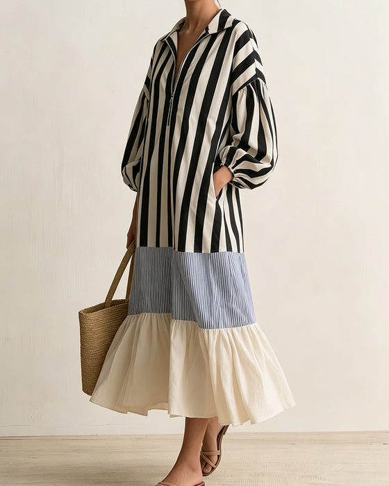 Lapel Zipper Striped Color-Block Tiered Dress