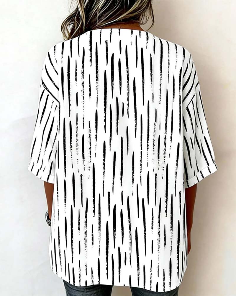 Striped Button Three-Quarter Sleeve Top