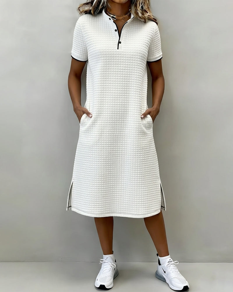 Plaid Stand Collar Short Sleeve Dress
