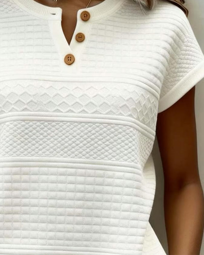 Button Small V-Neck Cable Short-Sleeved T-Shirt