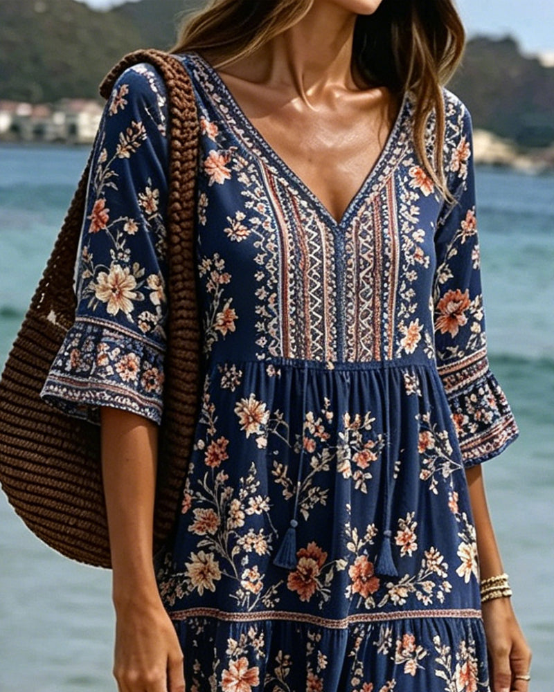 V-Neck Ethnic Floral Patchwork Dress