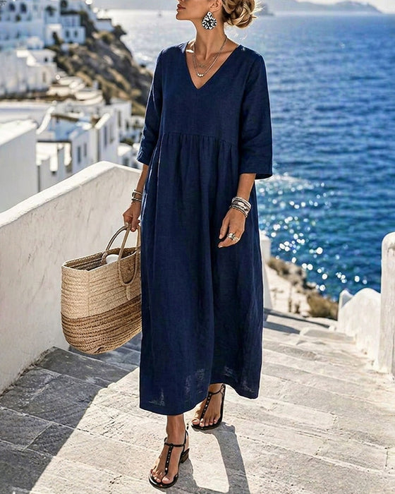 Solid Color V-Neck A-Line Dress