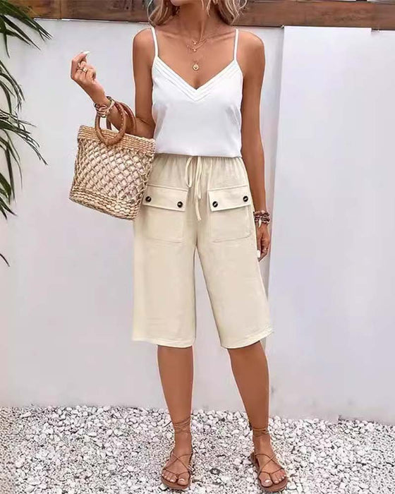 Casual solid color pocket half length trousers