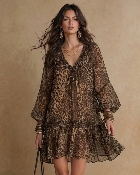 V-Neck Leopard Print Puff-Sleeve Ruffle Dress