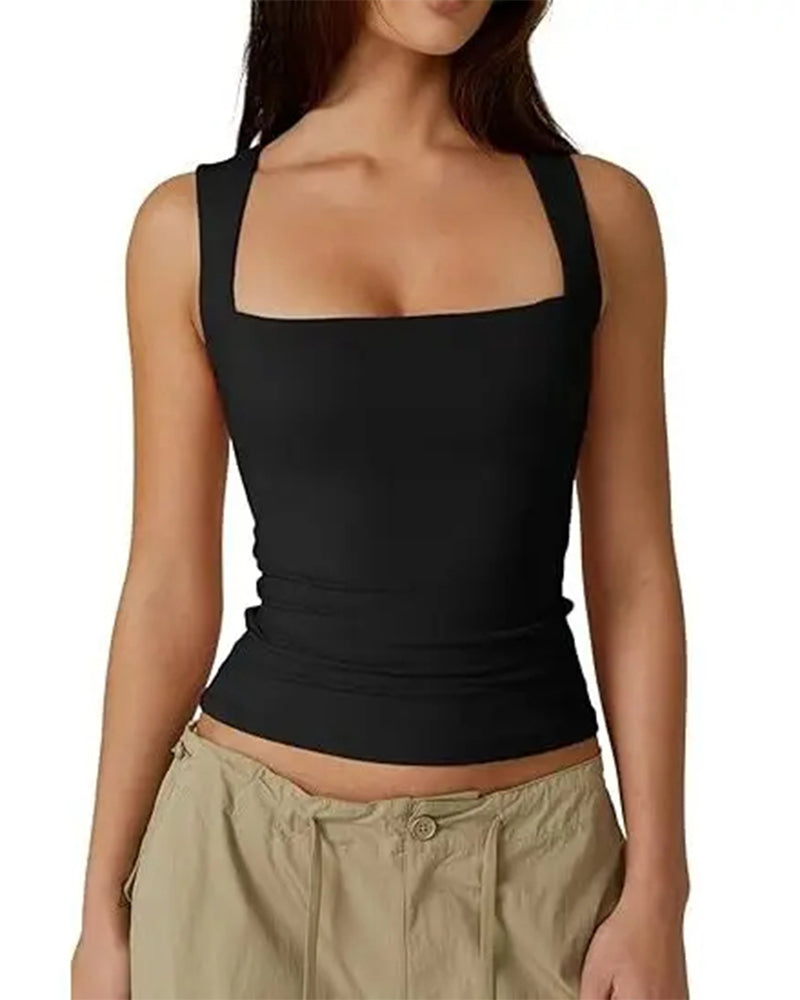 Square Neck Ribbed Solid Tank Top