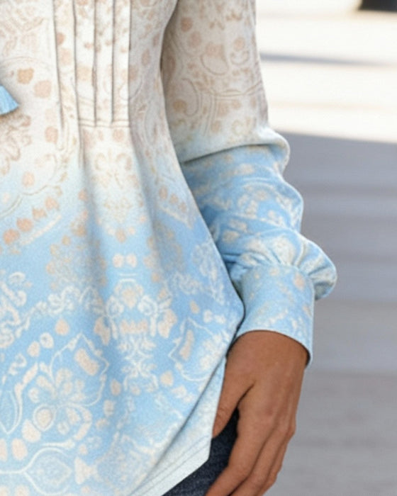 Long-Sleeved Patchwork Round Neck Printed Top