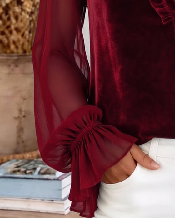 Velvet Patchwork Ruffled Sleeve Blouse