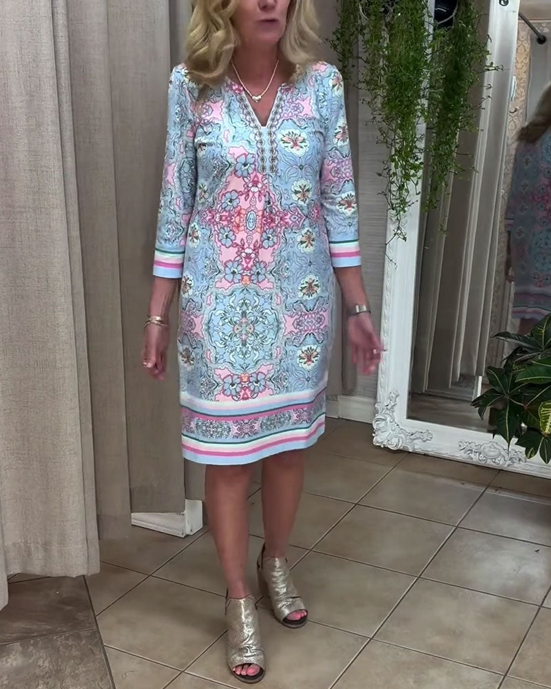 V-Neck Printed Straight Dress