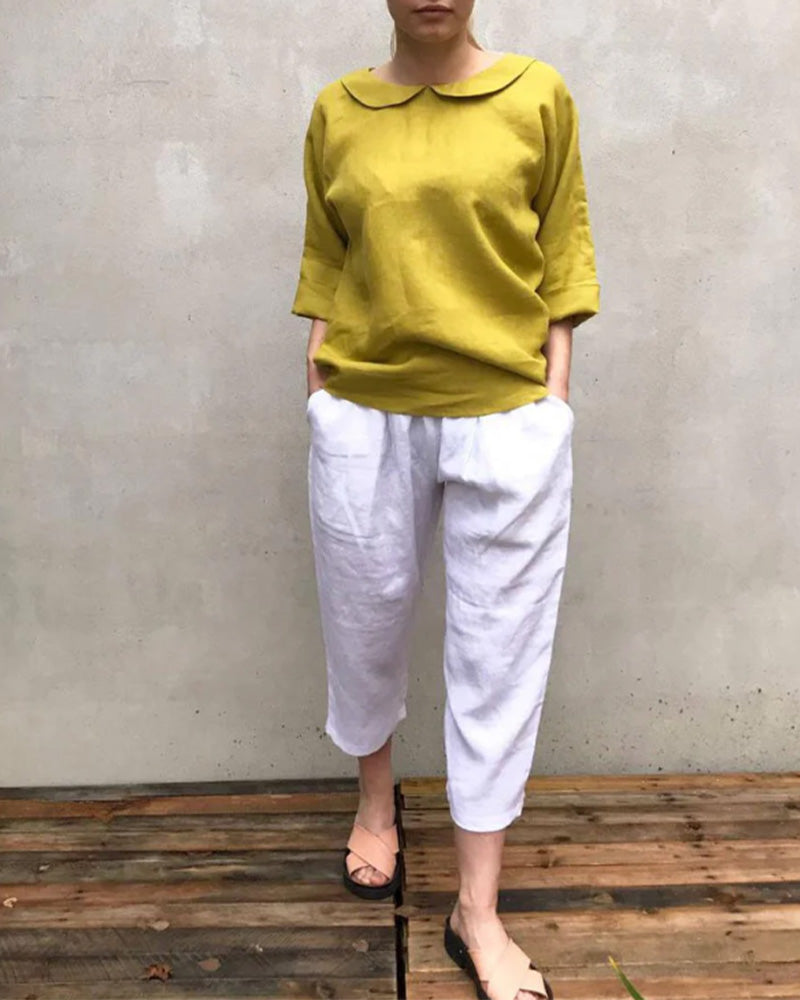 Peter Pan Collar Linen-Blend Loose-Fit Blouse